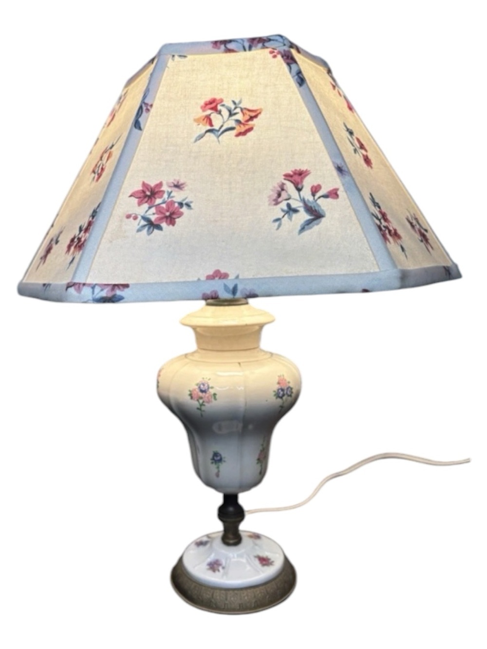 Vintage Porcelain Table Lamp/ Matching Hexigonal Fabric Shade - Picture 2 of 16
